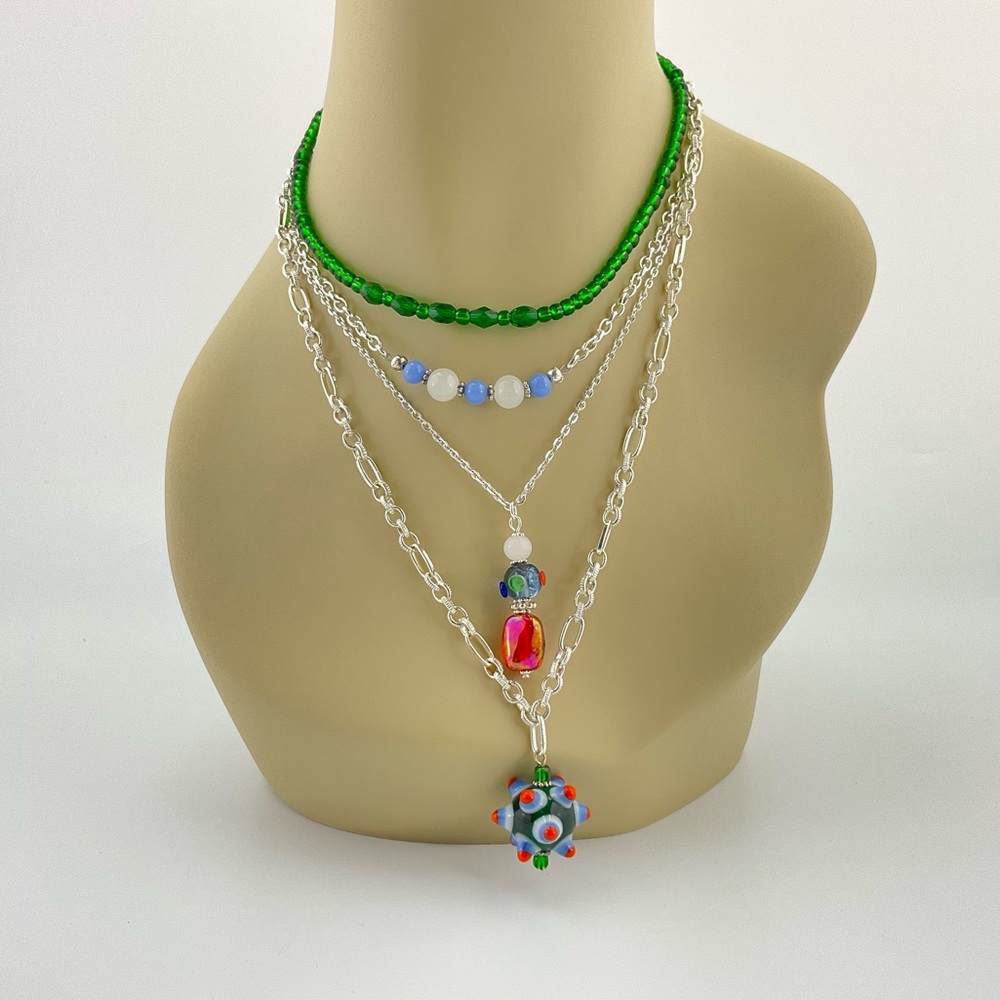 Colorful Necklace Set, Handmade, Art Glass, Crystals, Vtg Beads, Lamp Work Beads - Picture 2 of 11